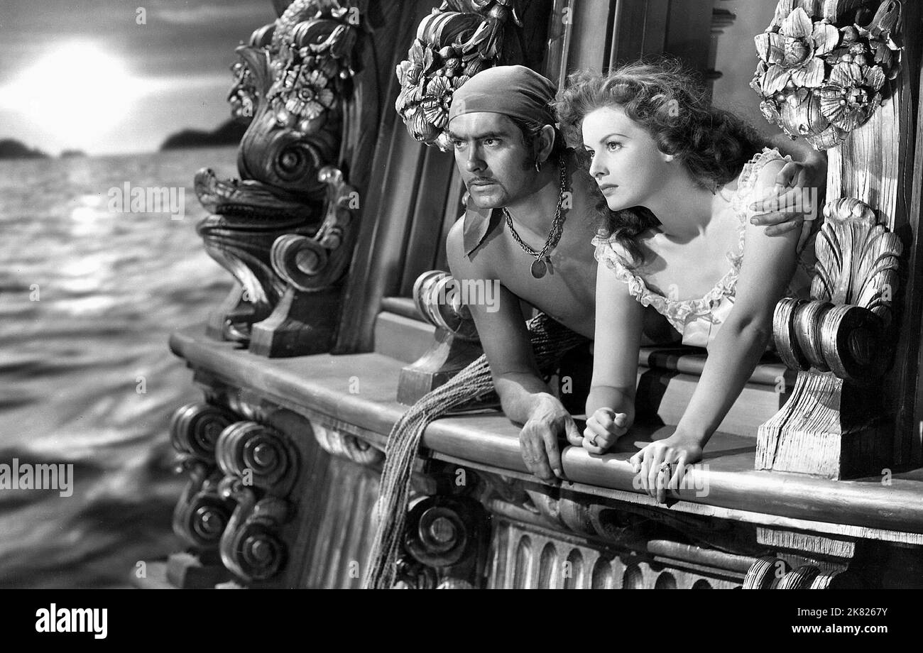 Tyrone Power & Maureen O'Hara Film The Black Swan (USA 1942) Charaktere: Jamie Waring & Regisseur: Henry King 04. Dezember 1942 **WARNUNG** dieses Foto ist nur für redaktionelle Zwecke bestimmt und unterliegt dem Copyright von 20TH CENTURY FOX und/oder dem Fotografen, der von der Film or Production Company zugewiesen wurde. Es kann nur durch Veröffentlichungen in Verbindung mit der Werbung für den oben genannten Film reproduziert werden. Eine obligatorische Gutschrift für 20TH CENTURY FOX ist erforderlich. Der Fotograf sollte ebenfalls angerechnet werden, wenn er bekannt ist. Ohne schriftliche Genehmigung der Film Company kann keine kommerzielle Nutzung gewährt werden. Stockfoto