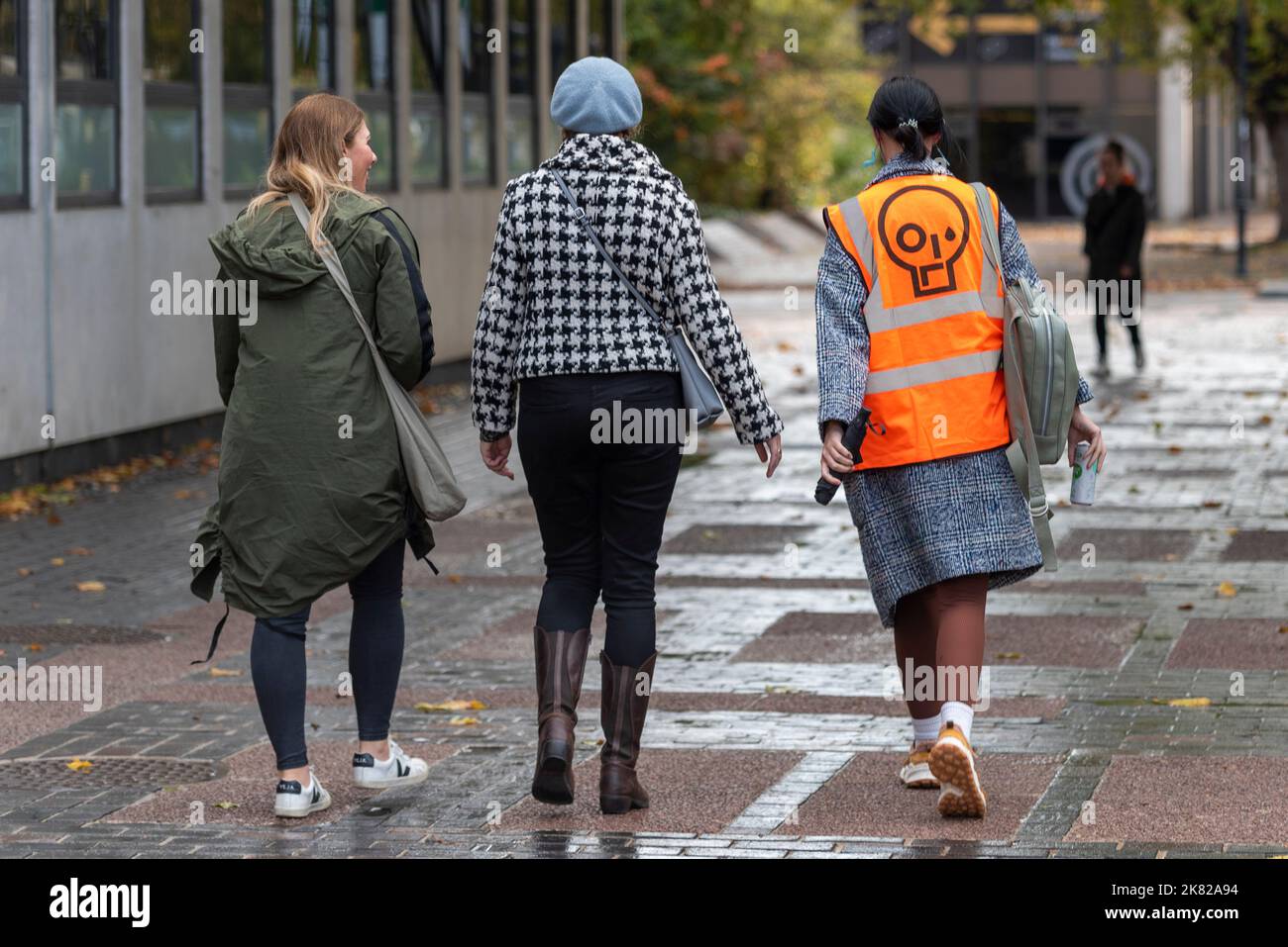 Court House, Victoria Avenue, Southend on Sea, Essex, Großbritannien. 20. Oktober 2022. Die Protestierenden von Just Stop Oil, die die Türme der Queen Elizabeth II-Brücke bestiegen, was zu einem weit verbreiteten Verkehrsstau führte, sind vor Gericht in Southend erschienen. Morgan Trowland und Marcus Decker wurden wegen Verschwörung zur öffentlichen Belästigung angeklagt. Die Aktivisten fordern, dass die Regierung „alle neuen Öl- und Gaslizenzen und -Zustimmungen einstellt“. Die beiden wurden in Gewahrsam genommen, um im November vor einer Jury zu erscheinen. Unterstützer verlassen das Gericht nach dem Fall, einschließlich Steph Golder Stockfoto