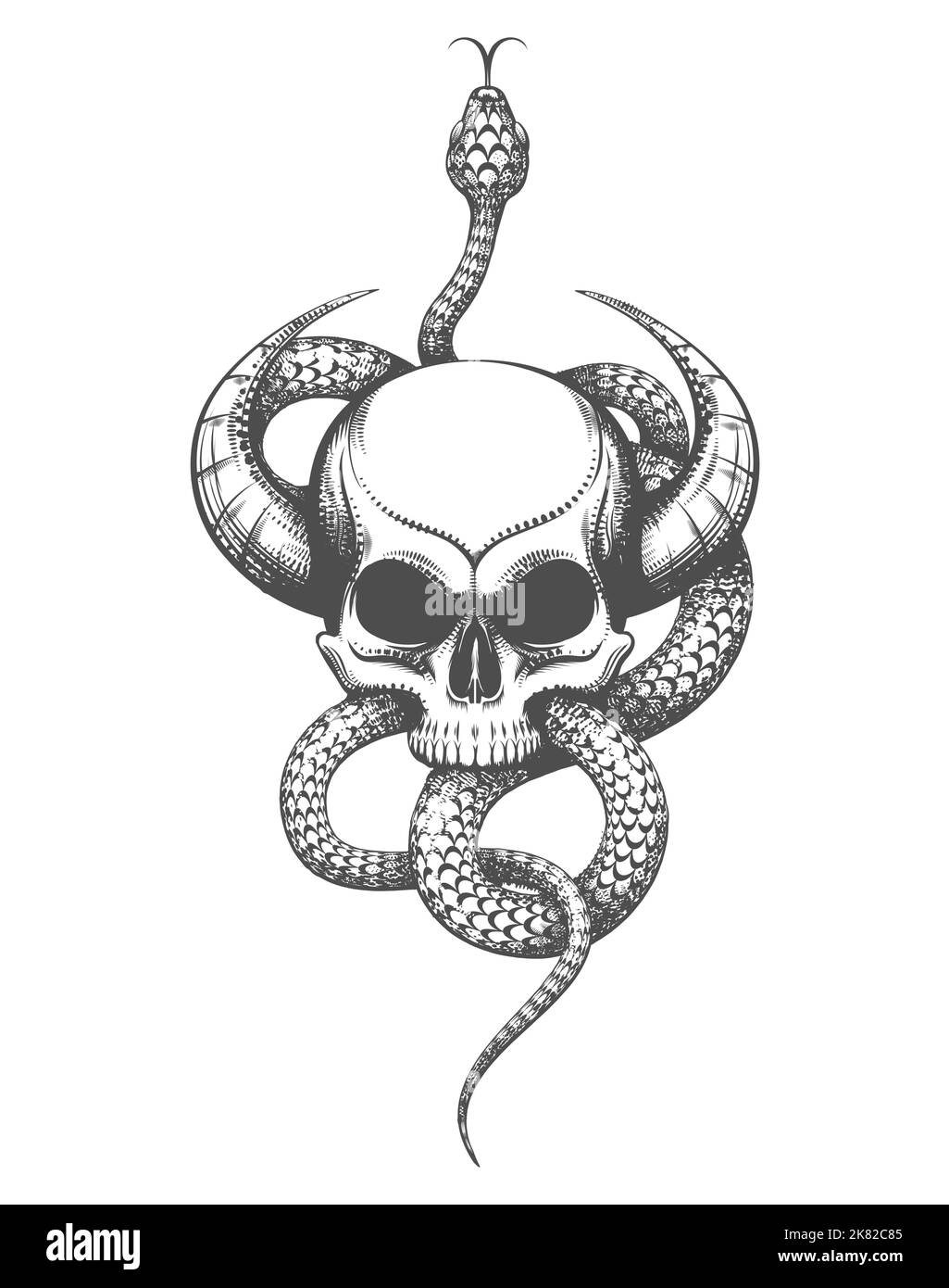Tattoo of Skull mit Horn und Schlange isoliert auf weiß. Handgezeichnete Vektordarstellung im Gravierstil. Stock Vektor