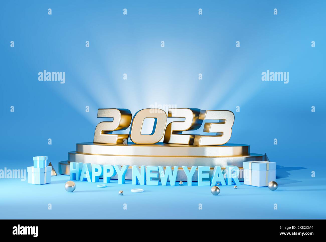 Frohes neues Jahr 2023 Design, 3D Typ blau Farbe Neujahr Hintergrund mit goldenen Buchstaben Stockfoto