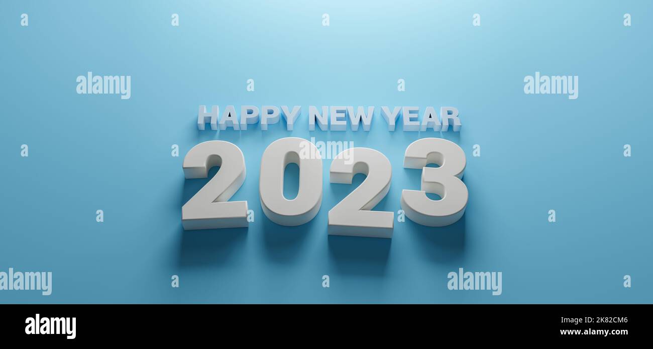 2023 Neujahrs-Konzept blauer Farbhintergrund mit 3D Buchstaben Stockfoto