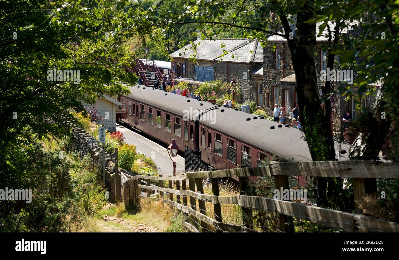 Zugbusse Kutschen und Passagiere Touristen auf dem Bahnsteig Goathland im Sommer NYMR North Yorkshire Moors Railway in der Nähe von Whitby England Großbritannien Stockfoto