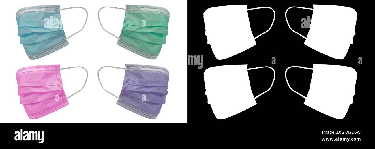 Vier medizinische Schutzmaske in verschiedenen Farben, mit Gummi-Ohrbändern. Typische 3-lagige OP-Maske zur Abdeckung von Mund und Nase. Schutz vor Stockfoto