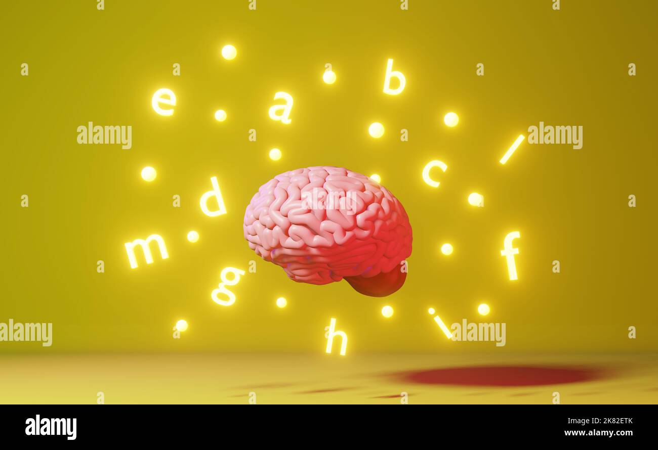 Englisch Lernen Fremdsprache Verbesserung der Sprachkenntnisse Studium Human Brain Letters gelber Hintergrund 3D Rendering. Memory Remote Online Application Ed Stockfoto