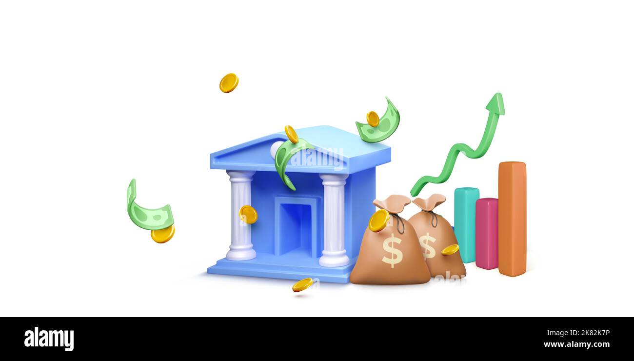 3D Bankgebäude mit Geldbeutel und fallenden Goldmünzen und grünen Papierdollars. Diagramm mit Wachstumspfeil im Hintergrund. Bank- und Anlagekonzept. Stock Vektor