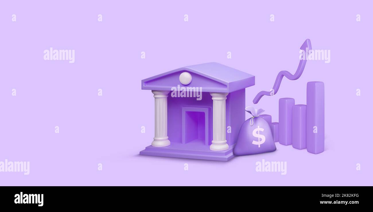 Bankgebäude mit Geldbeutel und Diagramm mit Pfeil Wachstum Pfeil in lila Farbe. Investmentkonzept für das Bankwesen. Höhere Einsparungen und höhere Einnahmen. Vektor Stock Vektor