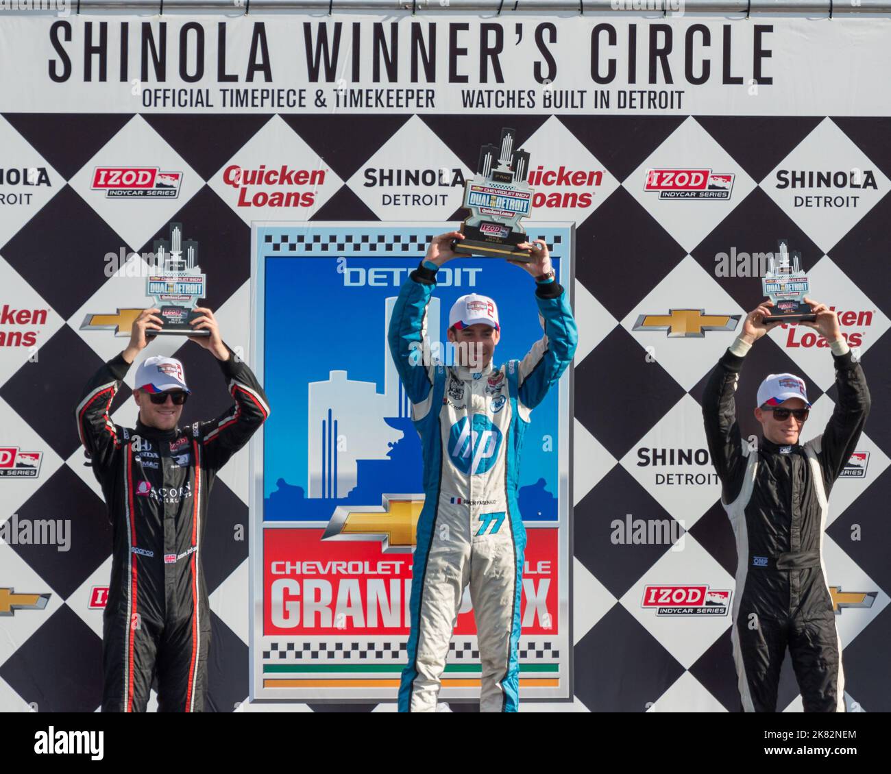 DETROIT, MI/USA - 2. JUNI 2013: Chevrolet Indy Dual in Detroit II. Siegerkreis: James Jakes - 2.; Simon Pagenaud - 1.; Mike Conway - 3.. Stockfoto