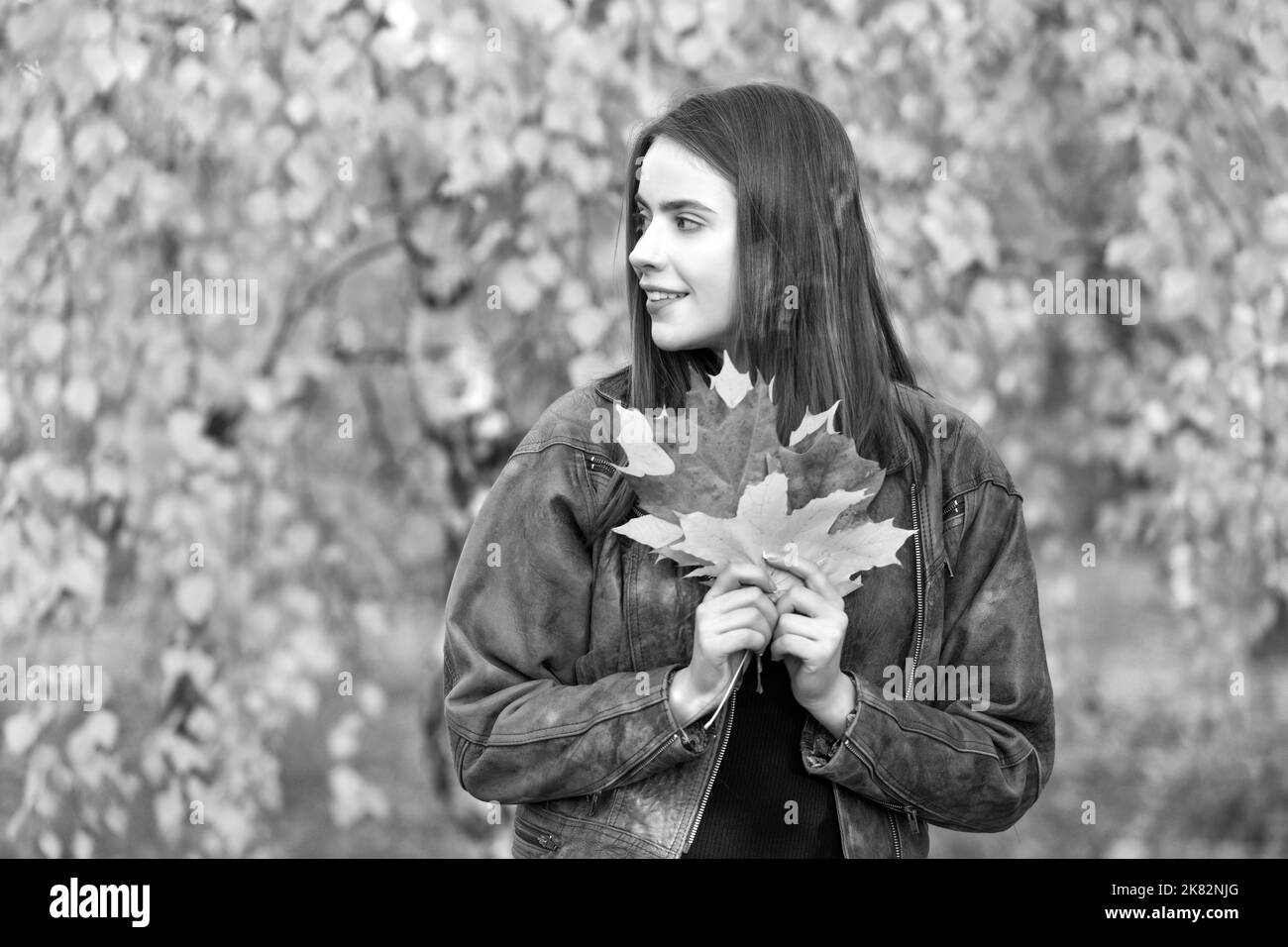 Schönes Gesicht Porträt. Natürliche Schönheit. Herbst Saison Mode. Mädchen genießen Wetter mit Herbstblättern. Stockfoto