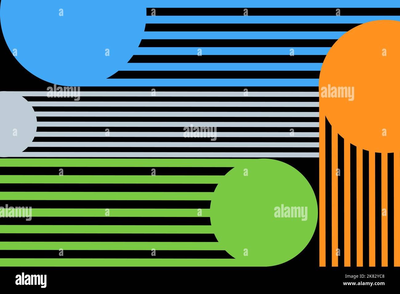 Druckvoller, heller abstrakter Vektor-geometrischer Hintergrund. Collage aus farbigen Kreisen und Linien. Hoch gesättigtes chaotisches Muster, Hintergrund. Orange, blau, grau Stock Vektor