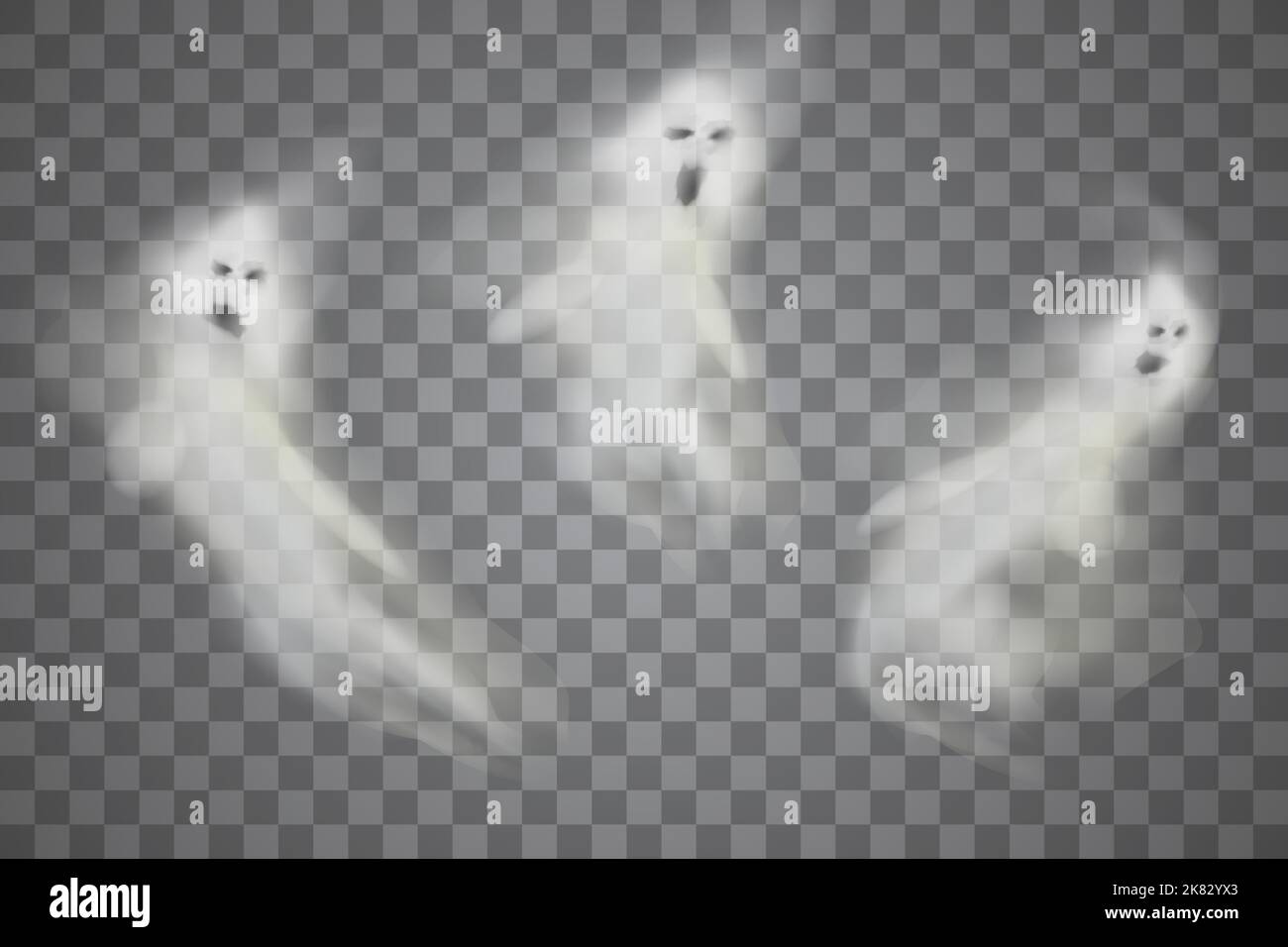 Ein Satz von lichtdurchlässigen isolierten Phantomen. Geisterhafte Phantomfliegenfigur oder nächtlicher toter Ghoul. Vektorgrafik. Stock Vektor