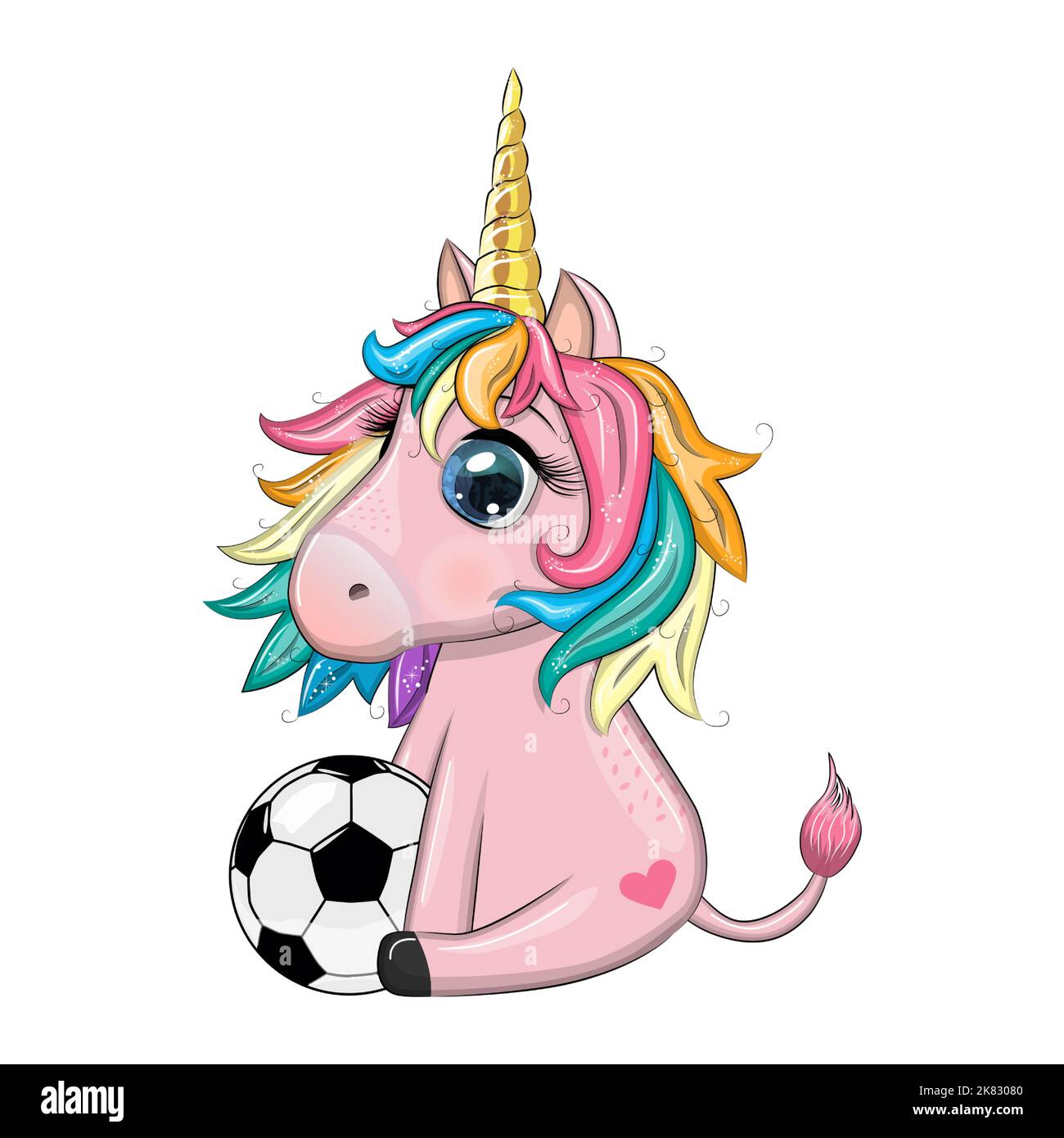 Niedliche Cartoon Einhorn mit Fußball, Sommer, Kinderspiele, Club. Stock Vektor