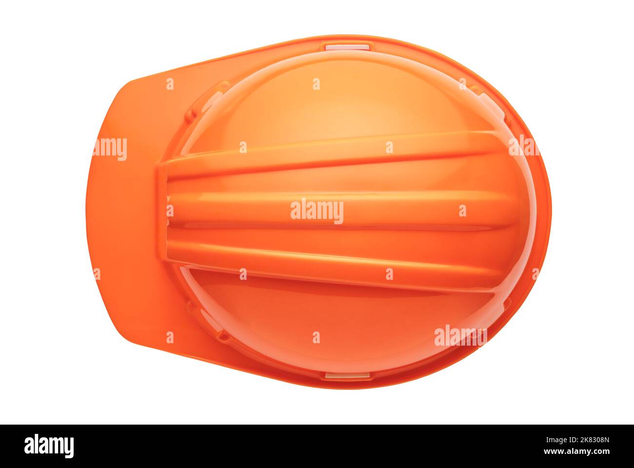 Arbeitsschutzkleidung, orangefarbener Plastikmütze, Blick von oben, isoliert auf weißem Hintergrund Stockfoto