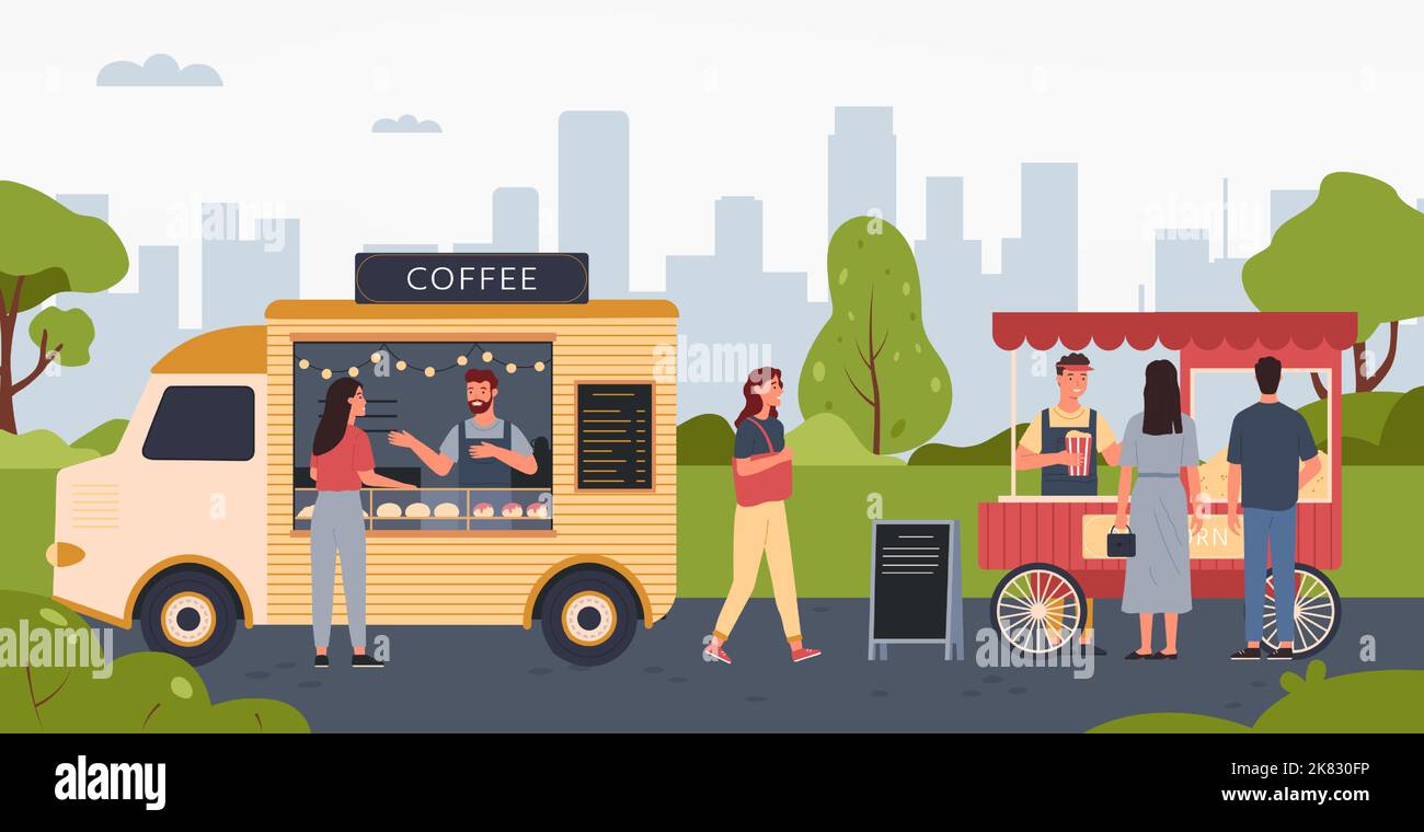 Menschen, die im Park spazieren und Snacks in Kiosk-Verkäufern kaufen. Straßenmarkt mit Lastwagen, die Kaffeegetränke verkaufen Stock Vektor