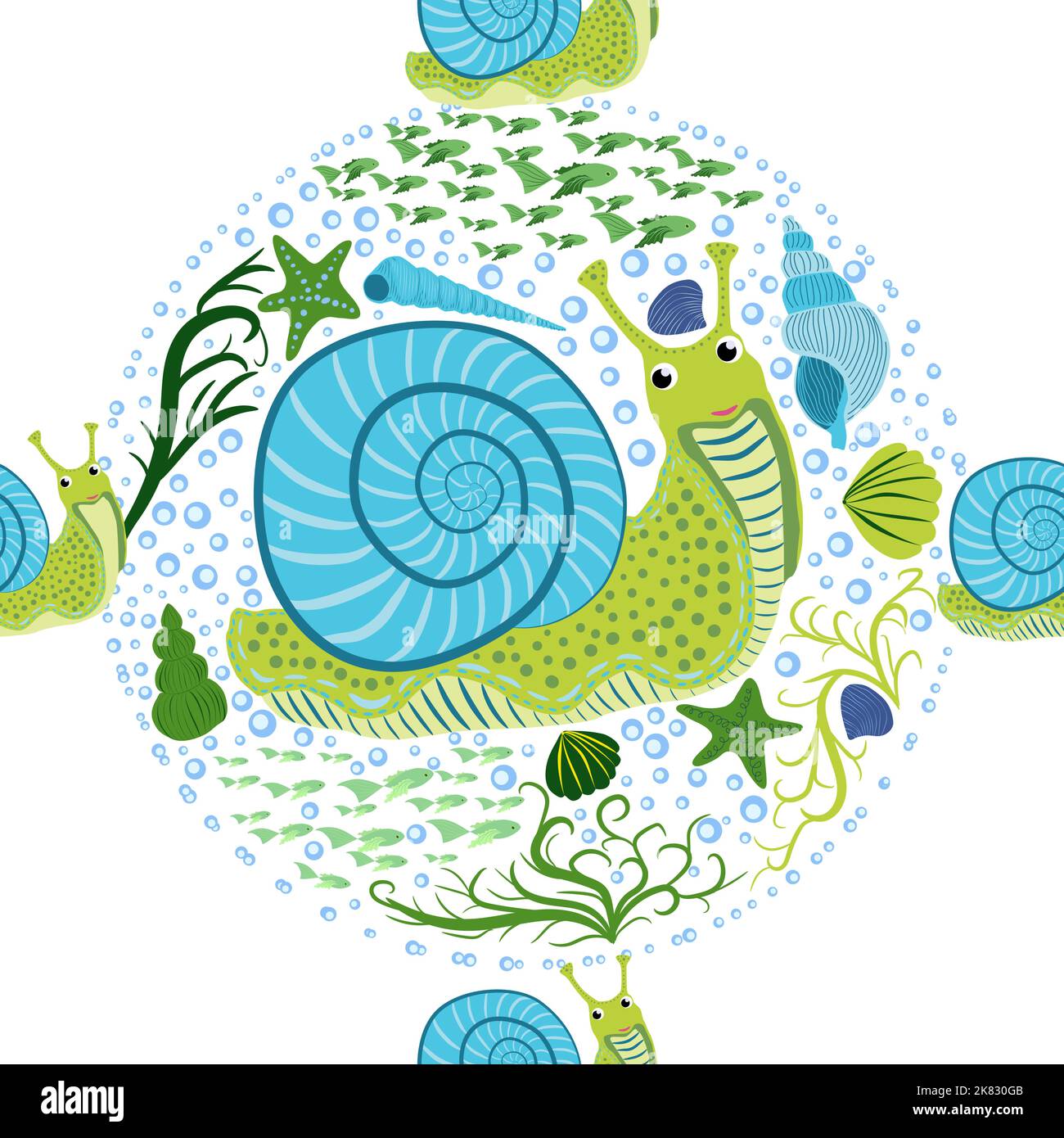 Schnecke, Seebewohner nahtloses Muster, schöner Charakter zwischen Muscheln, Algen, Seesterne, Meerestiere der Tierwelt. Stock Vektor
