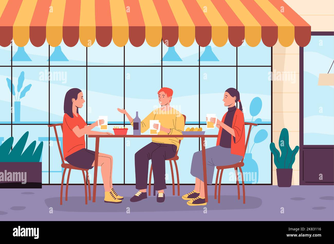 Menschen im Café im Freien. Mann und Frau sitzen am Tisch und essen Pommes und trinken Bier. Freunde kommunizieren Stock Vektor