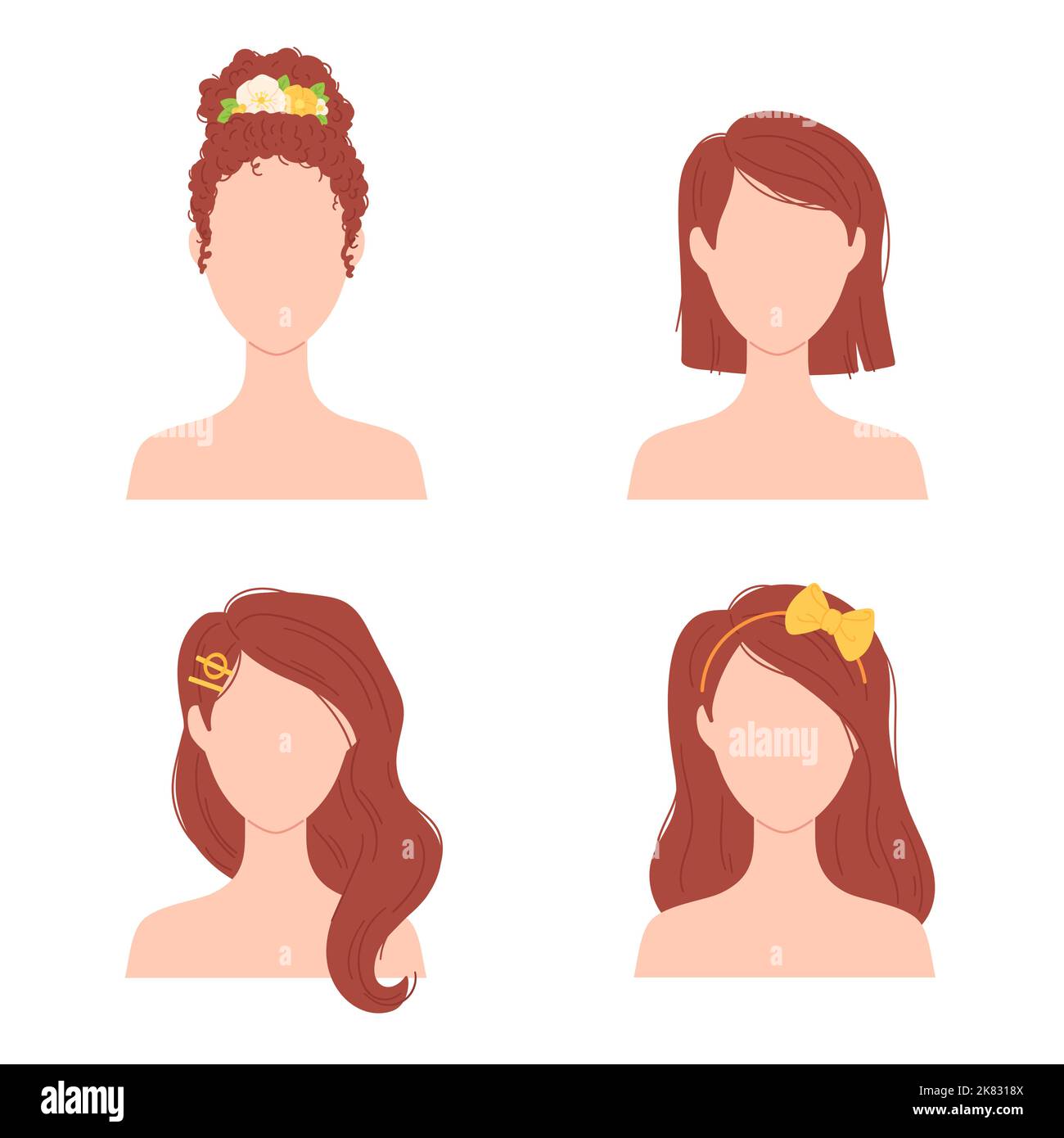 Flache Frauen Frisuren mit Blume. Brünette weibliche Charaktere mit verschiedenen Haarschnitten, lange und kurze, lockige und gerade Haare Stock Vektor