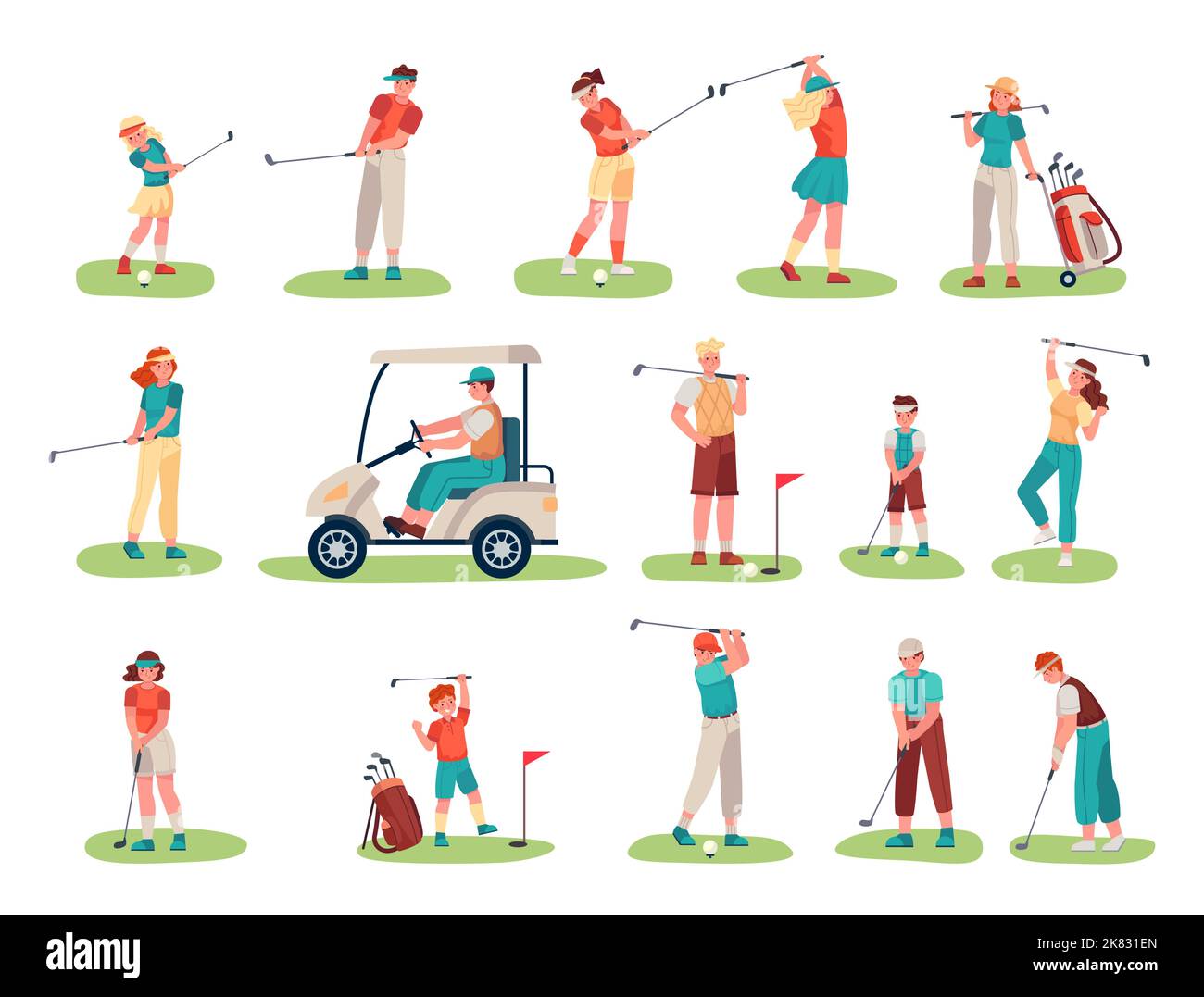Golfspieler Charaktere. Kinder und Jugendliche Sportler mit Ausrüstung, die Golf auf dem Rasen spielen. Männlicher Charakter Reitwagen Stock Vektor