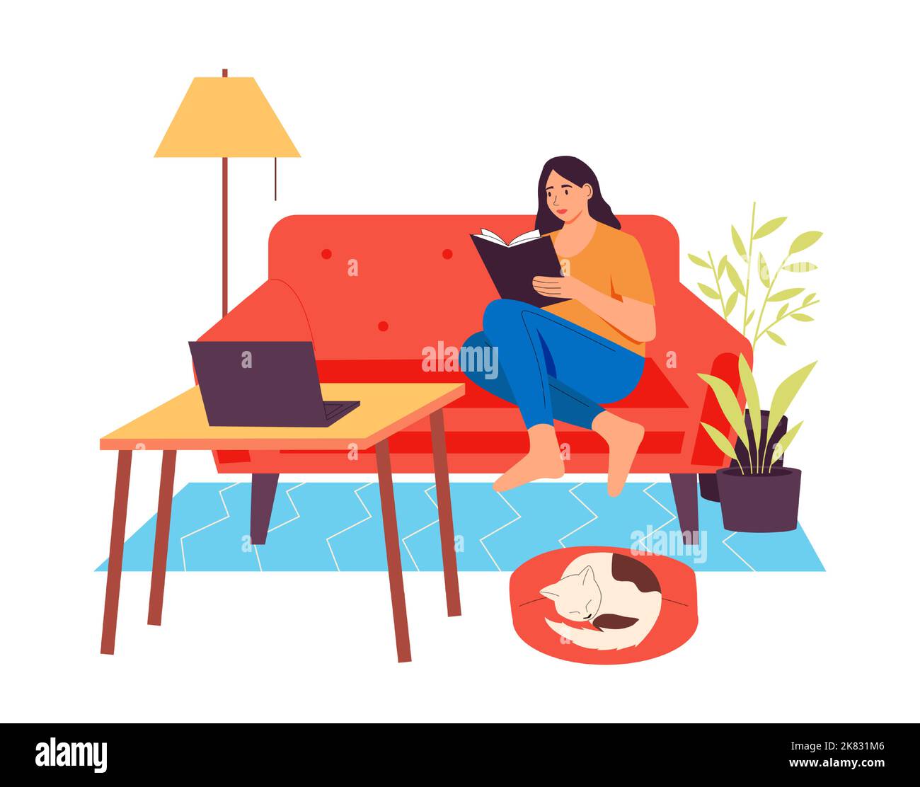 Frauen lesen Bücher. Junge weibliche Figur sitzt auf dem Sofa in gemütlicher Wohnatmosphäre. Frau, die Freizeit verbringt Stock Vektor