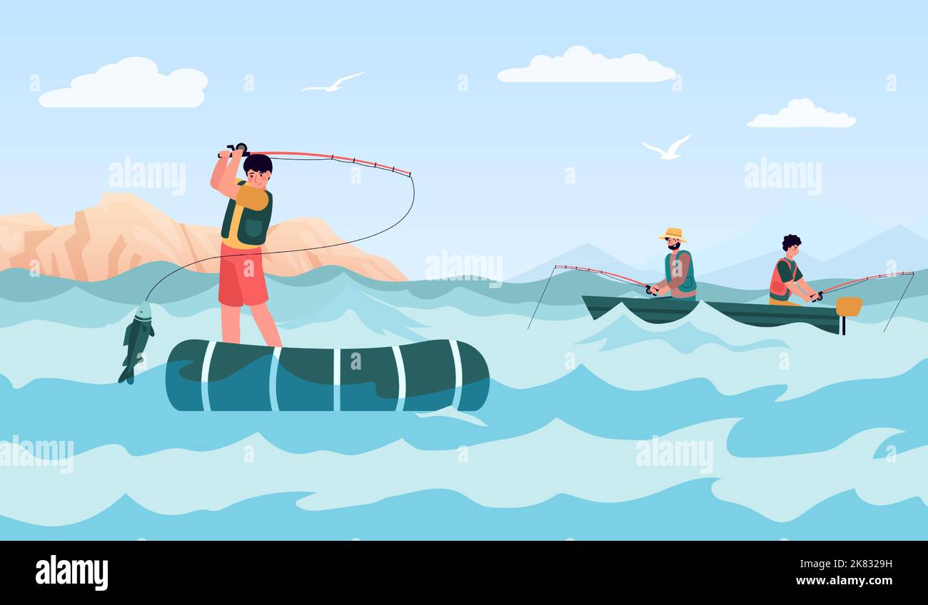 Fischfang Sport und Hobby. Menschen in aufblasbaren Booten, die Rute mit Fischen halten. Männer, die sich im Urlaub erholen Stock Vektor