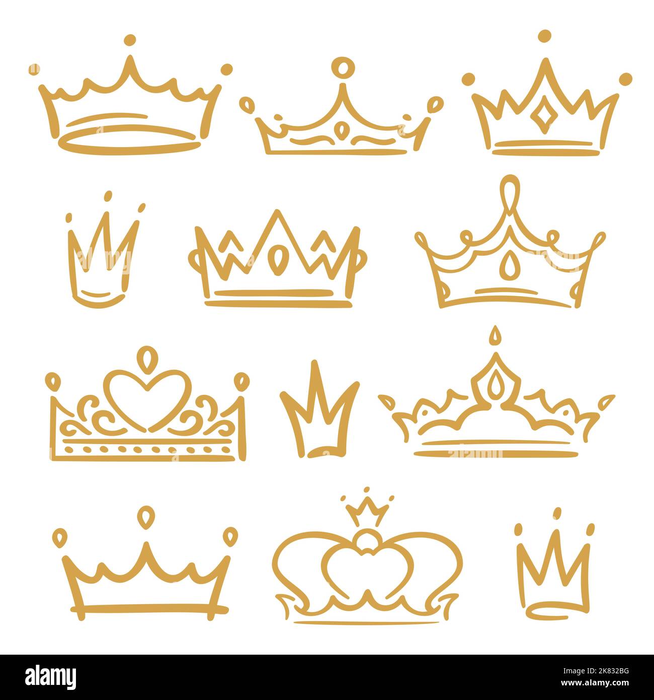 Goldene Skizzenkronen. Verschiedene königliche Accessoires für Königin und König, Prinz und Prinzessin. Handgezeichnete Diademe Stock Vektor
