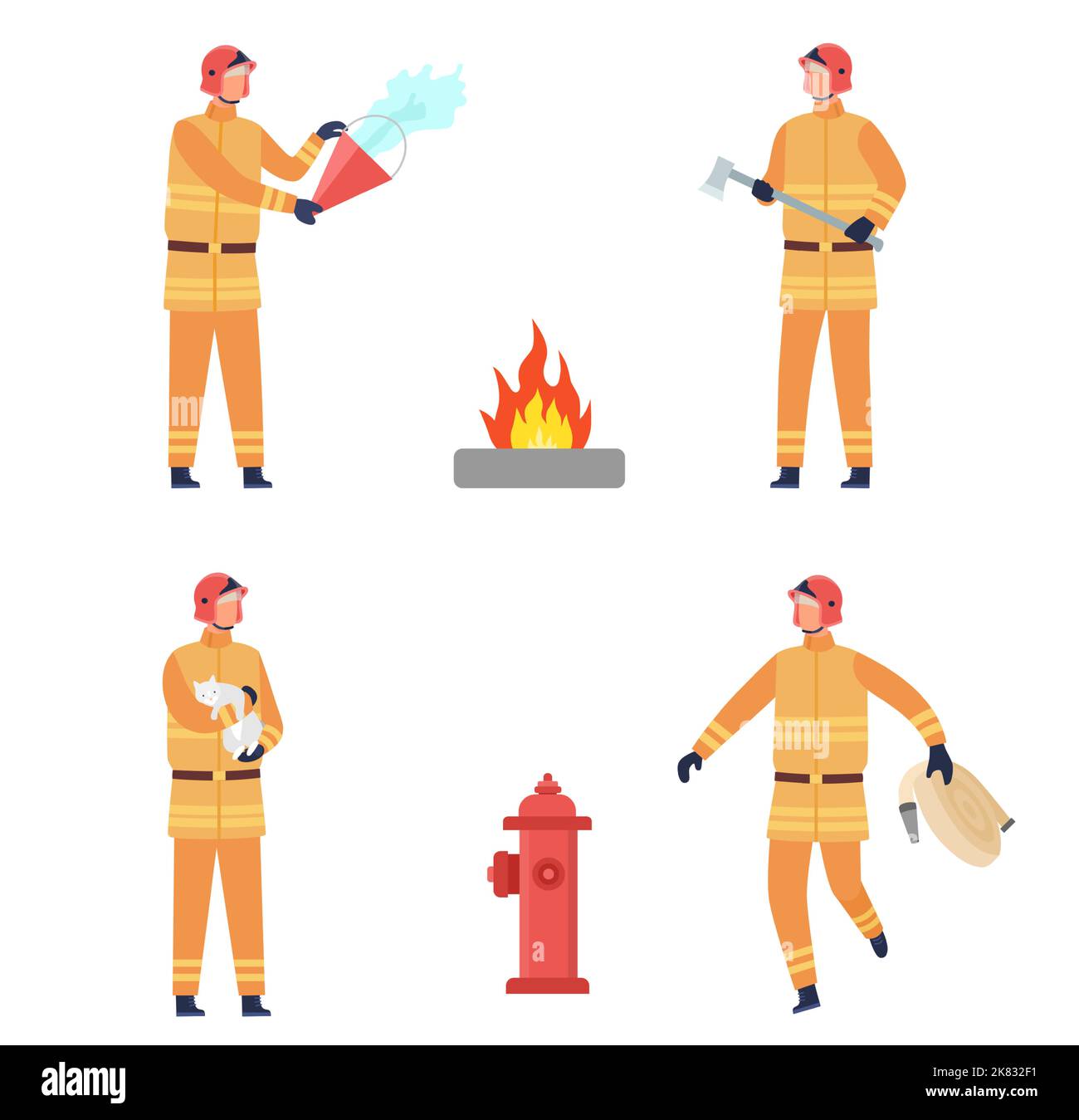 Flacher Feuerwehrmann in Uniform. Professionelle Arbeiter, die Katze retten, Flamme auslöschen, Schlauch und Axt tragen Stock Vektor