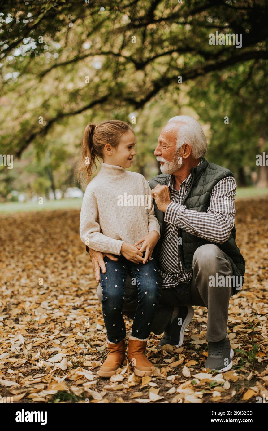 Der gutaussehende Großvater verbringt am Herbsttag Zeit mit seiner Enkelin im Park Stockfoto