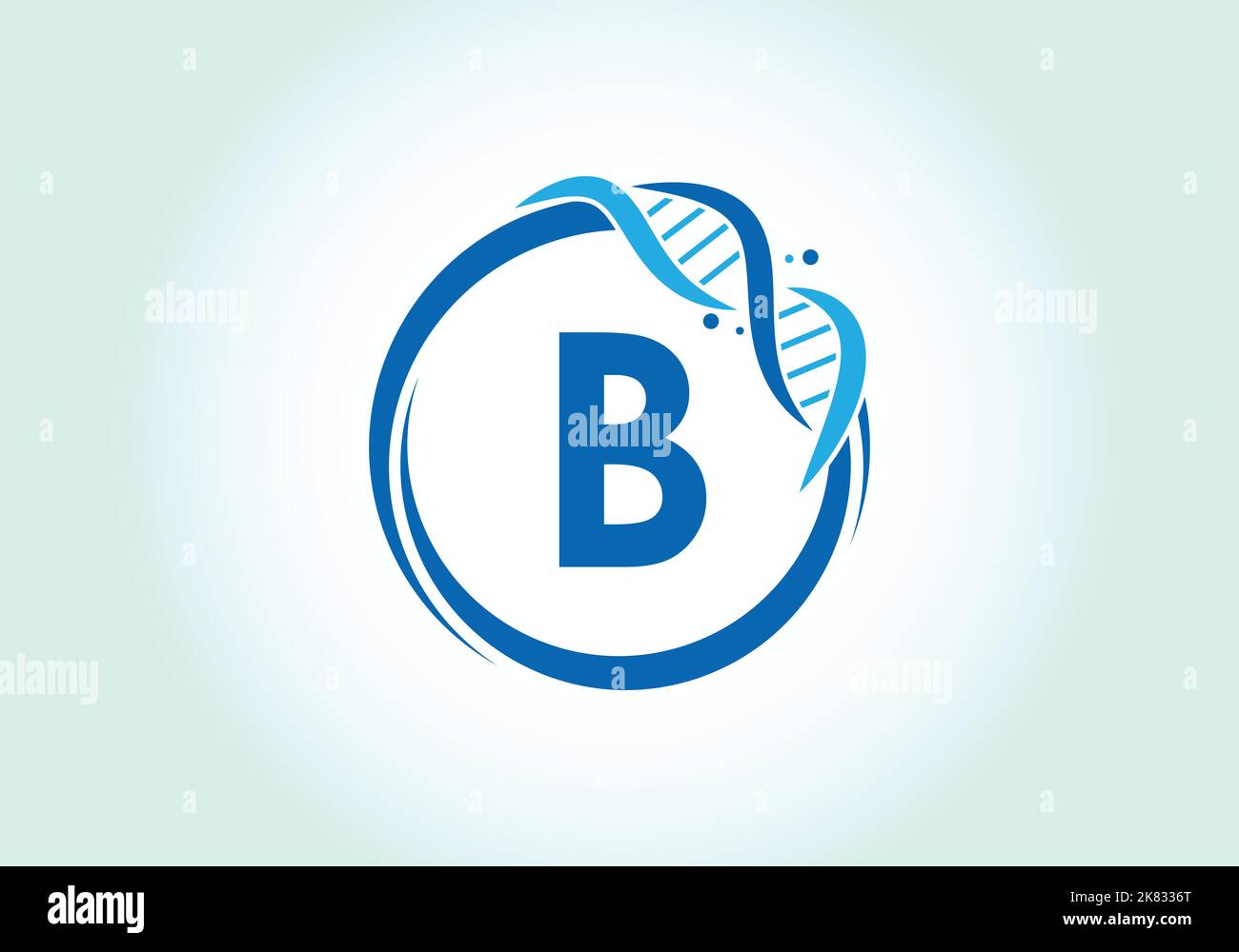 Buchstabe B Monogramm Alphabet in einem Kreis mit DNA. Genetics Logo Design Konzept. Schriftemblem.modernes Vektorlogo für Medizin, Wissenschaft, Labor Stock Vektor