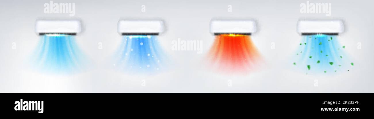 Klimaanlagen mit kalten, heißen und frischen, sauberen Luftströmen. Split-System, Kühler oder Luftreiniger mit wehenden Wind mit Schneeflocken und Blättern, Vektor RE Stock Vektor