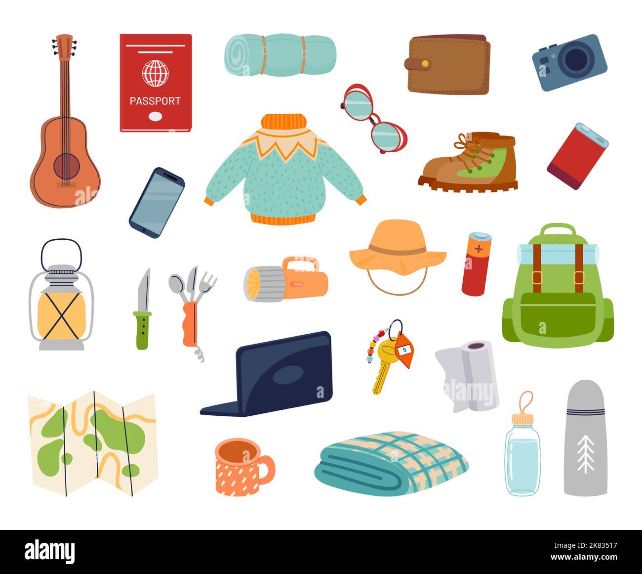 Tragen Sie jeden Tag Sachen für die Reise. Wesentliche Gegenstände für den Tourismus. Rucksack mit Ausrüstung und Zubehör als Gitarre, Karte Stock Vektor