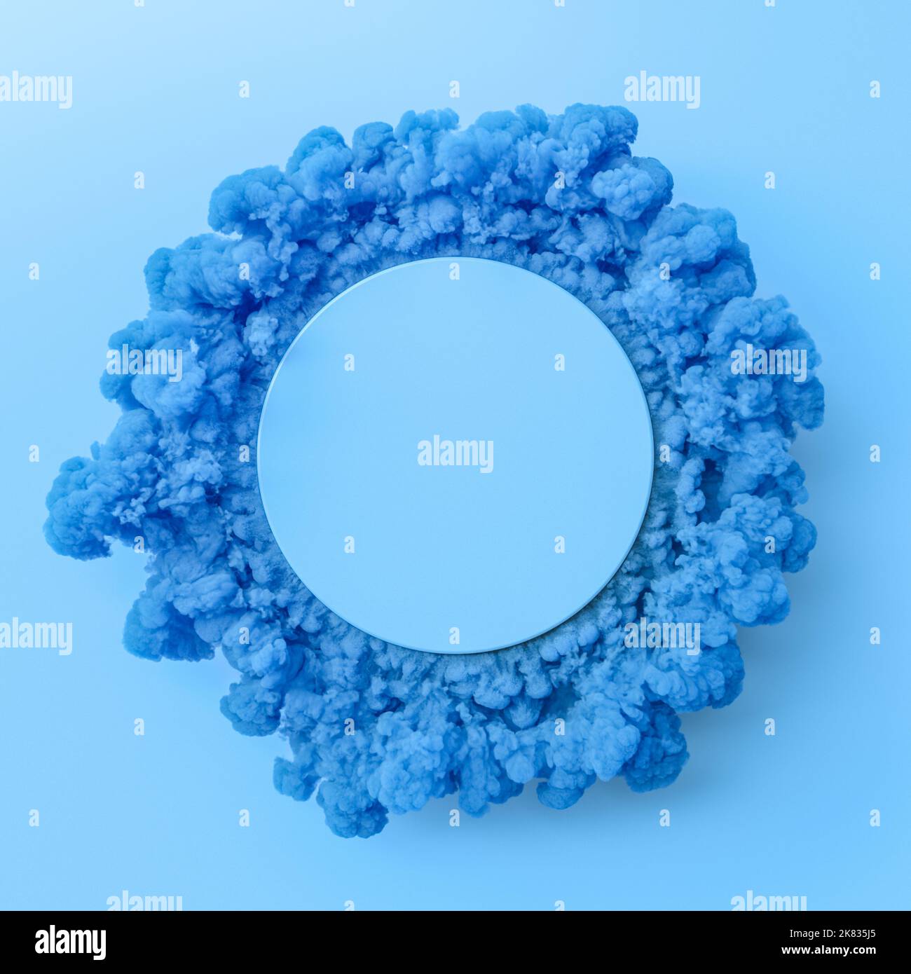 Abstrakter Hintergrund mit leerem Kreis und farbenprächtiger Rauchumfassung. 3D Rendern Stockfoto