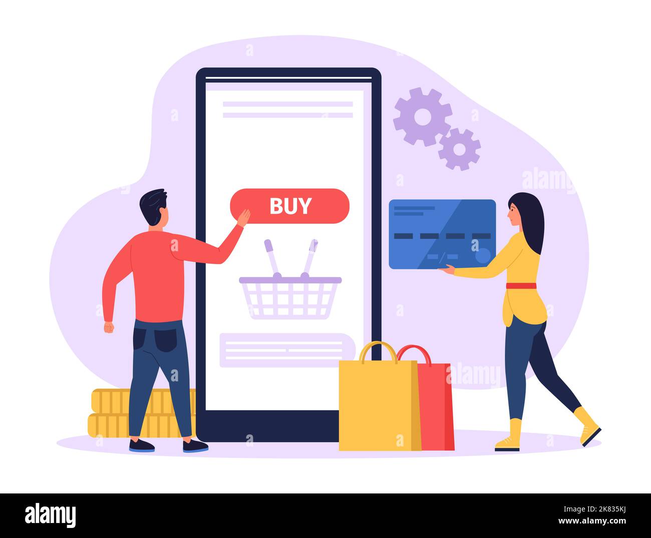 Online-Shopping. Mann und Frau kaufen Waren im Internet. Männlicher Charakter Klick Taste kaufen auf Smartphone-Bildschirm Stock Vektor