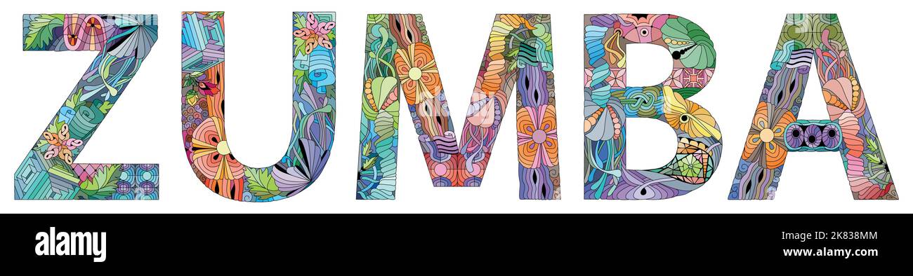 Handgemaltes Kunstdesign. Handgezeichnetes Illustrationswort ZUMBA für T-Shirt und andere Deko Stock Vektor