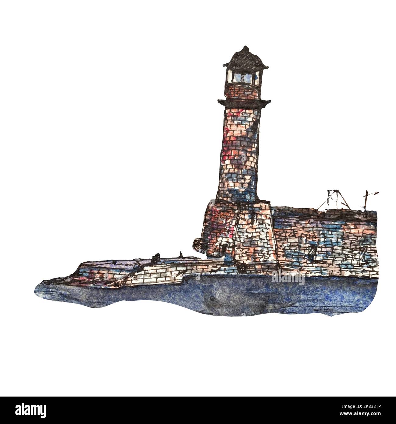 Handgezeichneter Leuchtturm skizziert ein Aquarell-Bild Stockfoto