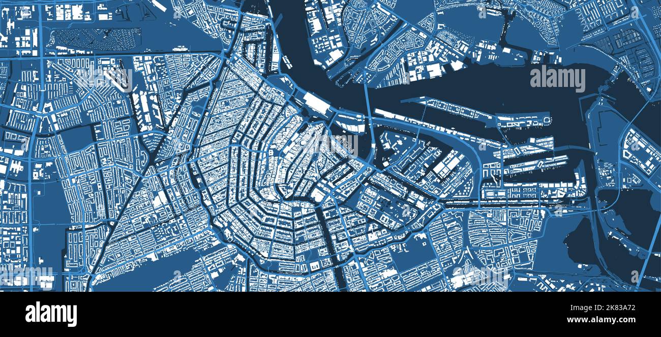 Detailliertes blaues Vektor-Kartenplakat des Amsterdamer Stadtverwaltungsgebiets. Panorama der Skyline. Dekorative Grafik Touristenkarte von Amsterdam Gebiet. Royalt Stock Vektor