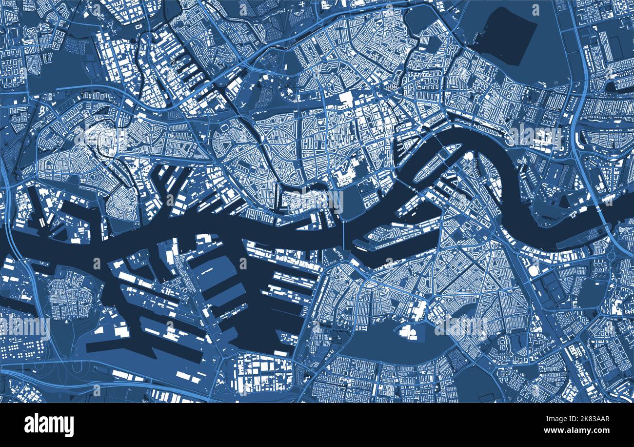 Detailliertes blaues Vektor-Kartenplakat des Stadtverwaltungsgebiets von Rotterdam. Panorama der Skyline. Dekorative Grafik Touristenkarte von Rotterdam Gebiet. Royalt Stock Vektor
