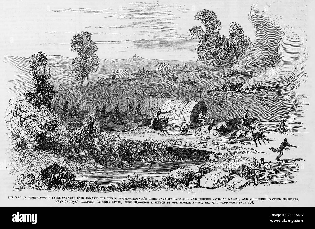 Der Krieg in Virginia - der Angriff der Rebellen auf das Weiße Haus (Plantage) - General J. E. B. Stewarts Rebellerie, die Nationalwaggons einfängt und verbrennt und unbewaffnete Teamster in der Nähe von Garlick's Landing, Pamunkey River, 13.. Juni 1862 ermordet. Illustration des amerikanischen Bürgerkriegs des 19.. Jahrhunderts aus Frank Leslie's Illustrated Newspaper Stockfoto