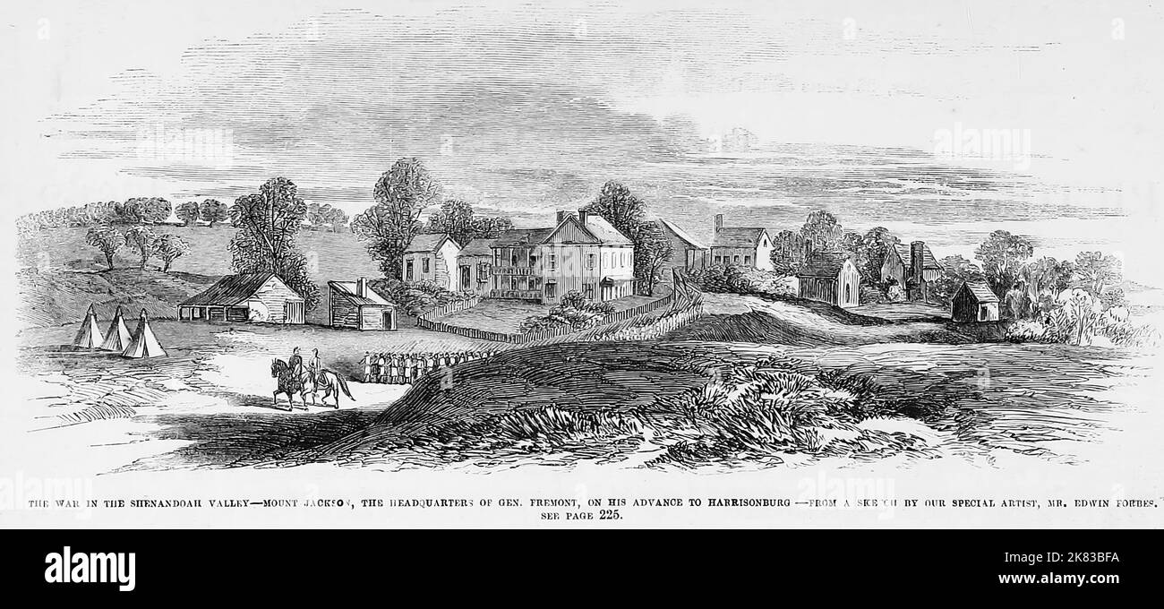 Der Krieg im Shenandoah Valley - Mount Jackson, das Hauptquartier von General John Charles Frémont, auf seinem Vormarsch nach Harrisonburg, Virginia. Juni 1862. Illustration des amerikanischen Bürgerkriegs des 19.. Jahrhunderts aus Frank Leslie's Illustrated Newspaper Stockfoto