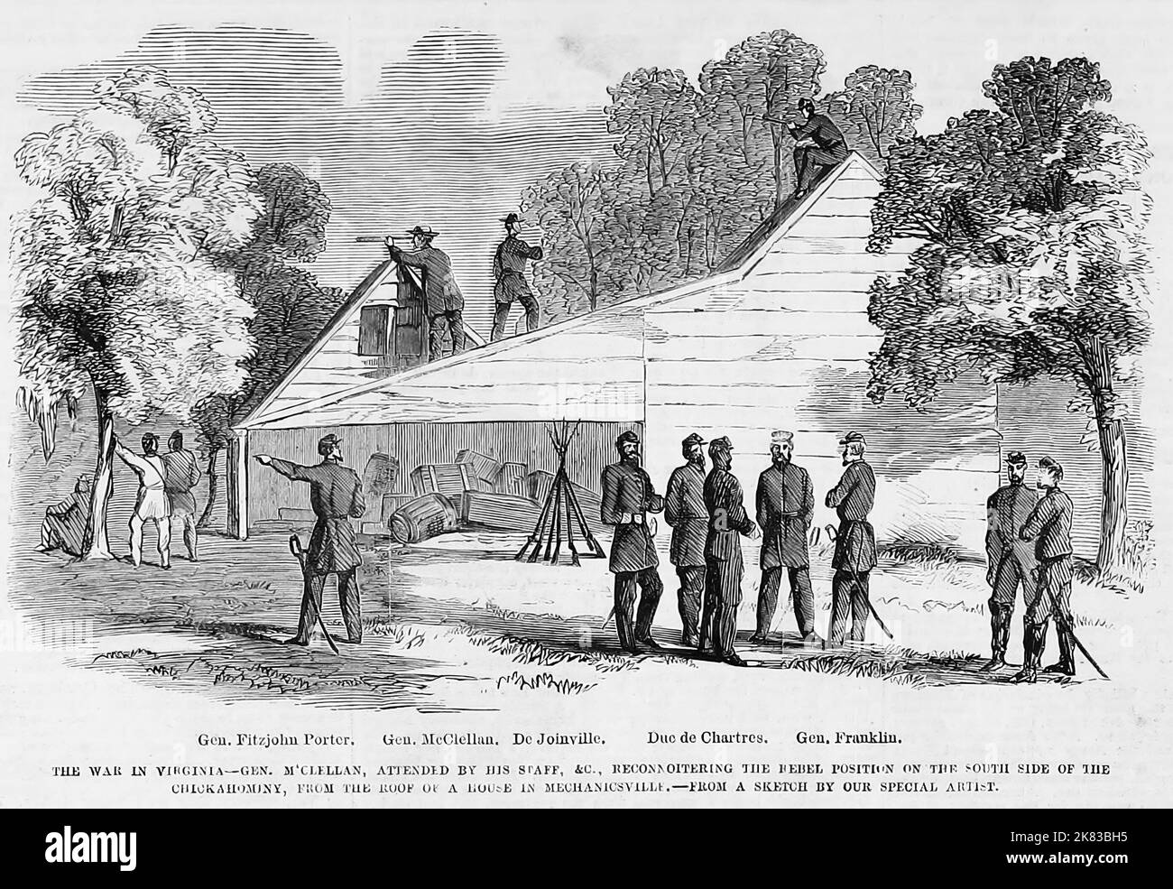 Der Krieg in Virginia - General George Brinton McClellan, der von seinem Stab besucht wurde, reconnoitering the Rebel Position on the South side of the Chickahominy River, from the roof of a House in Mechanicsville. Juli 1862. Illustration des amerikanischen Bürgerkriegs des 19.. Jahrhunderts aus Frank Leslie's Illustrated Newspaper Stockfoto