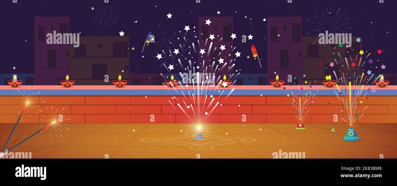 Happy Diwali Festival Hintergrund mit Crackern. Vektordarstellung eines indischen Hauses, das mit einer indischen Diya-Öllampe dekoriert ist. Stock Vektor