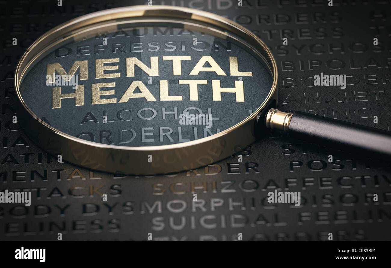 Goldene Lupe auf schwarzem Hintergrund mit einer Liste psychologischer Erkrankungen und einem Fokus auf den Text psychische Gesundheit. 3D Abbildung. Stockfoto