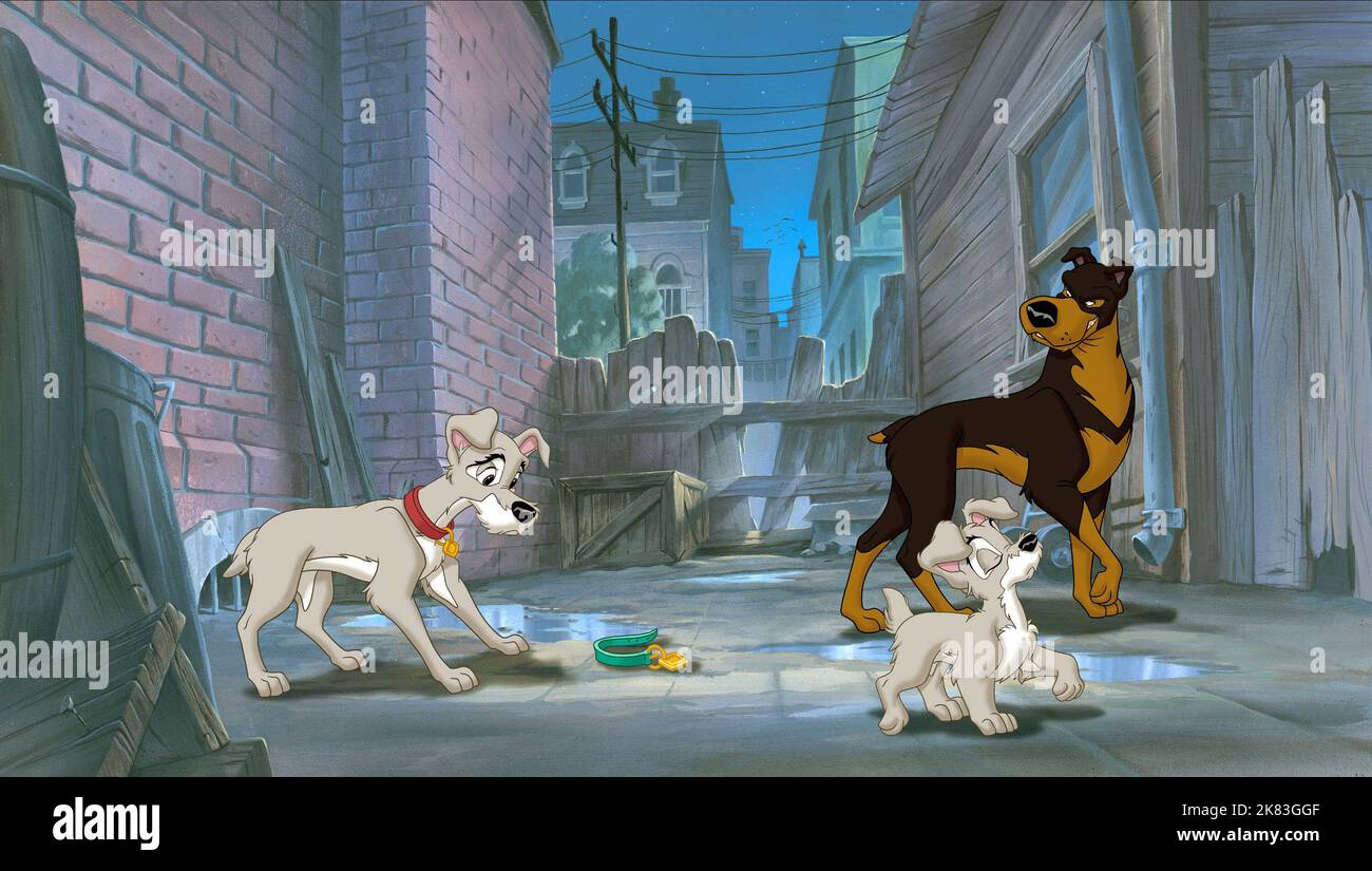 Tramp, Scamp & Buster Film: Lady and the Tramp II: Scamp'S Adventure (USA/AUS 2001) Regie: Darrell Rooney & Jeannine Roussel, Regie: Darrell Rooney, J Roussel 18 February 2001 **WARNUNG** Dieses Foto ist nur für den redaktionellen Gebrauch bestimmt und unterliegt dem Copyright von WALT DISNEY BILDERN und/oder dem Fotografen, der von der Film- oder Produktionsfirma beauftragt wurde und darf nur durch Publikationen im Zusammenhang mit der Bewerbung des oben genannten Films reproduziert werden. Eine obligatorische Gutschrift für BILDER VON WALT DISNEY ist erforderlich. Der Fotograf sollte auch bei Bekanntwerden des Fotos gutgeschrieben werden. Ohne Schreibzugriff kann keine kommerzielle Nutzung gewährt werden Stockfoto