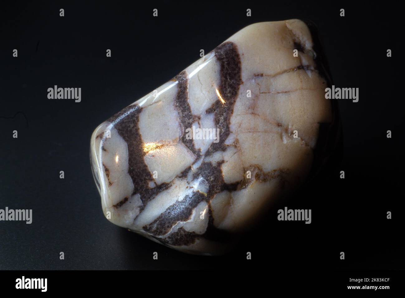Zebra Jaspis Chalcedon Tumled Stone Makro auf schwarzem Hintergrund isoliert Stockfoto