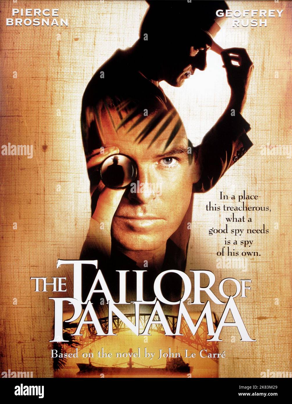 Pierce Brosnan & Geoffrey Rush Poster Film: The Tailor of Panama (USA/IRL 2001) / Literaturverfilmung (nach dem Buch von John Le Carre) Regie: John Boorman 11 February 2001 **WARNUNG** Dieses Foto ist nur für den redaktionellen Gebrauch bestimmt und unterliegt dem Copyright von COLUMBIA PICTURES und/oder des Fotografen, der von der Film- oder Produktionsfirma beauftragt wurde und darf nur von Publikationen im Zusammenhang mit der Bewerbung des oben genannten Films reproduziert werden. Eine obligatorische Gutschrift für COLUMBIA PICTURES ist erforderlich. Der Fotograf sollte auch bei Bekanntwerden des Fotos gutgeschrieben werden. Ohne schriftliche aut kann keine kommerzielle Nutzung gewährt werden Stockfoto