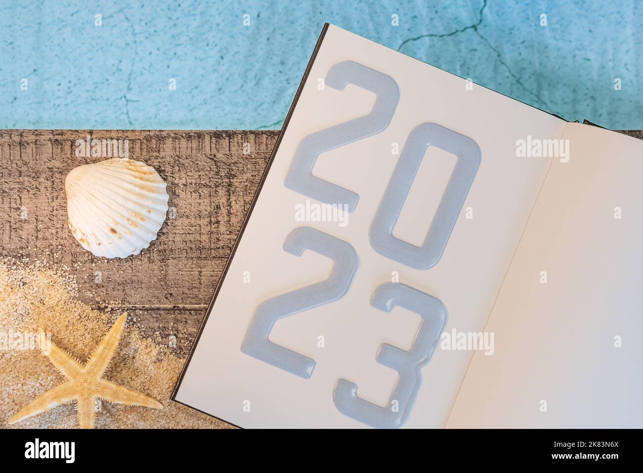 Frohes neues Jahr 2023 Konzept mit einer Schale und einem Seestern am Pool. Winterurlaub in der Sonne. Stockfoto