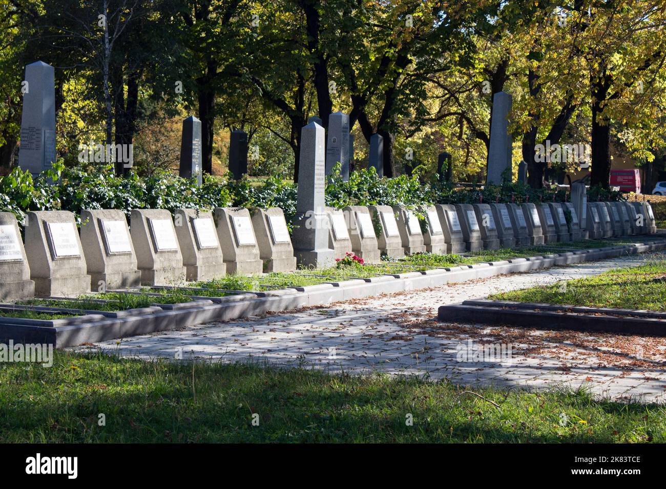 Gräber sowjetischer Militäroffiziere, die während des ungarischen Aufstands 1956 ums Leben kamen Friedhof Fiumei út - Kerepesi Friedhof - Pest Budapest, Ungarn Stockfoto