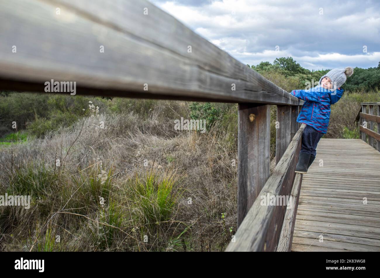 3-jähriger Junge, der über das Geländer einer Holzbrücke klettert. Körperliche Bewegung in der Natur für Kinder Konzept Stockfoto