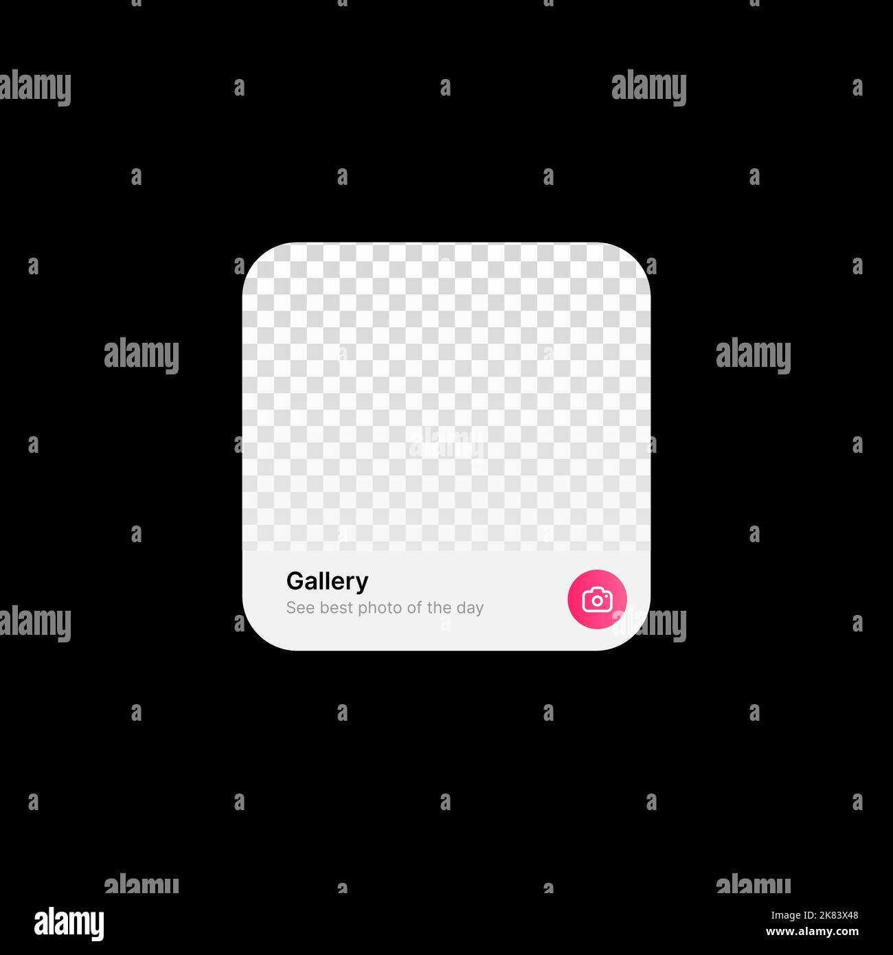 Fotogalerie Widget UI-Konzept auf schwarzem Hintergrund. Illustration Zu Sozialen Medien. Bearbeitbares Foto, Gallery-Titel und Text mit Kamerasymbol in Pink Circle. Web-Element für mobile Anwendungen. Vektorgrafik Stock Vektor