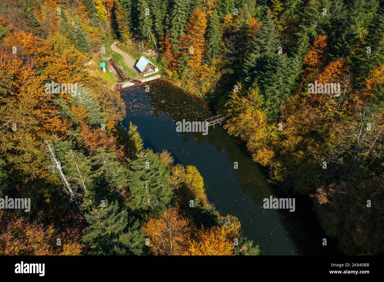 Wunderschöne Landschaft mit See und Picknickpavillon daneben, umgeben von bunten Bäumen im Herbst Stockfoto