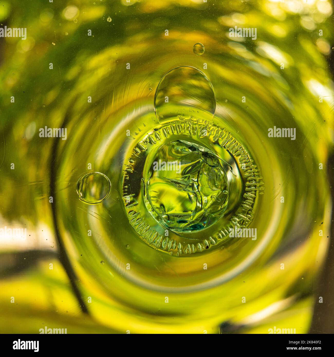 Detail einer alten Kronglas- oder Rondelfensterscheibe mit warmen Herbstpflanzen im Garten draußen Stockfoto