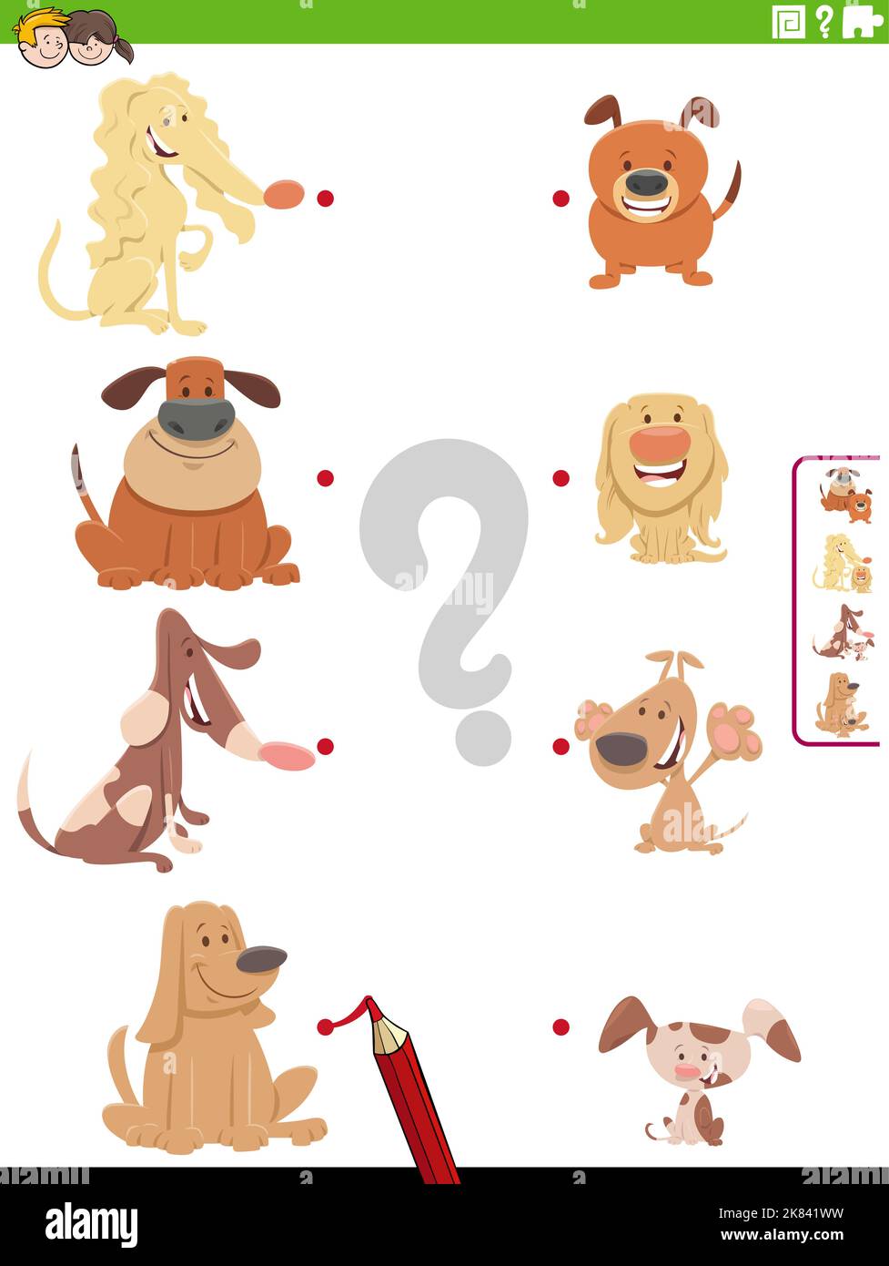Cartoon Illustration der pädagogischen Matching-Spiel mit Hunden Tierfiguren und ihre Babys Stock Vektor